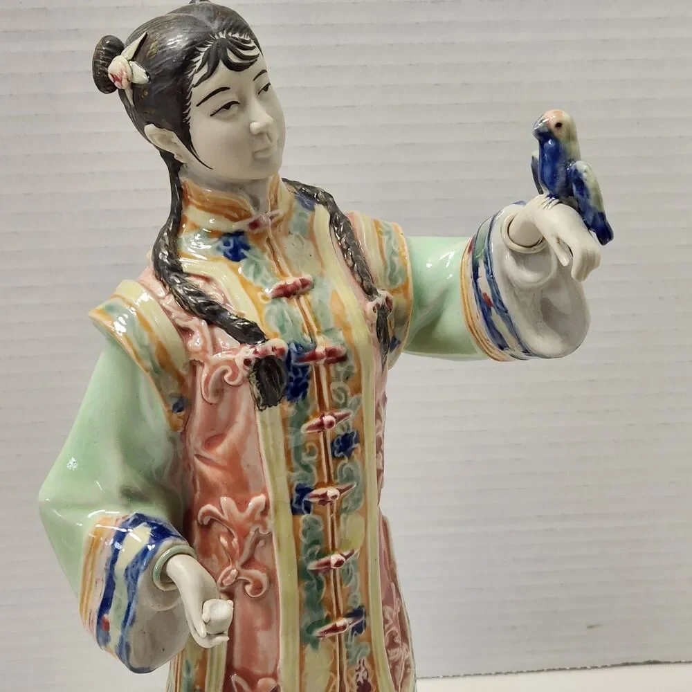 Vintage Chinese Shiwan Porcelain Lady Statue Songbird & Feeding Bowl Figurine
